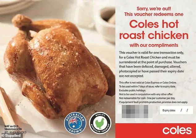 根据Coles的政策规定，如果购物者在商店买不到烤鸡，就可获得一张优惠券。（图片来源：社交媒体 侵权即删）