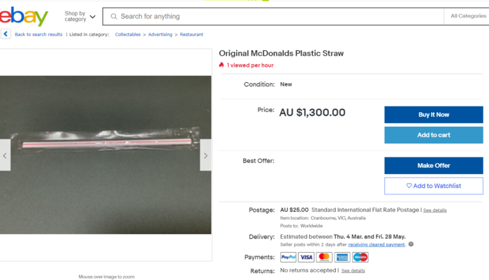 一位網友以1300澳元的價格出售麥當勞塑料吸管
