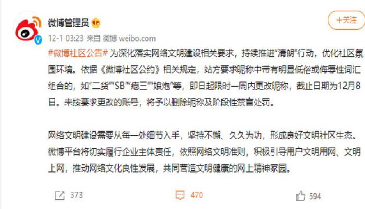 加紧言论管控 中国微博称：改掉低俗昵称否则禁言