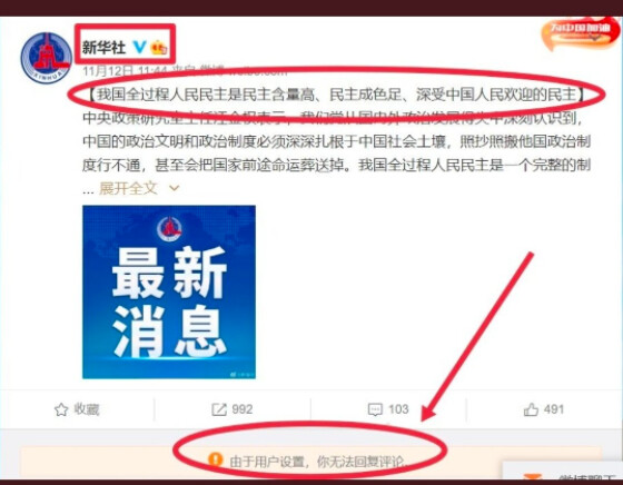 中国网友的批评性留言被网管屏蔽