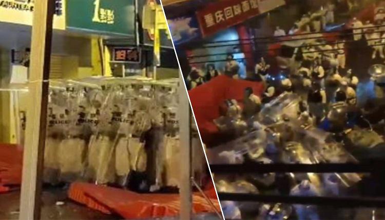 反封控示威升級 廣州民眾丟玻璃瓶 警投擲催淚彈