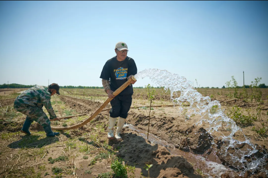 5月初正是內蒙古春耕的忙碌時節，農民們忙着在地里給新種的幼林澆水